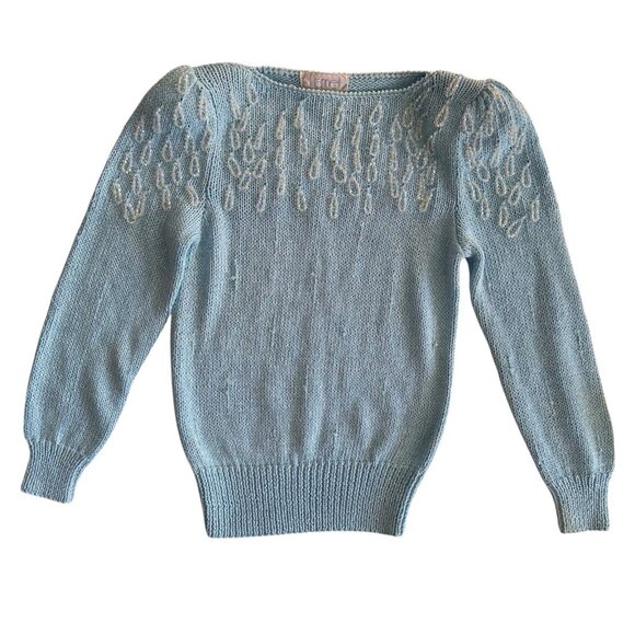 80s VTG Nannell Beaded Puff Sleeve Sweater Size Medium Crystals Icicles Winter - Picture 1 of 10